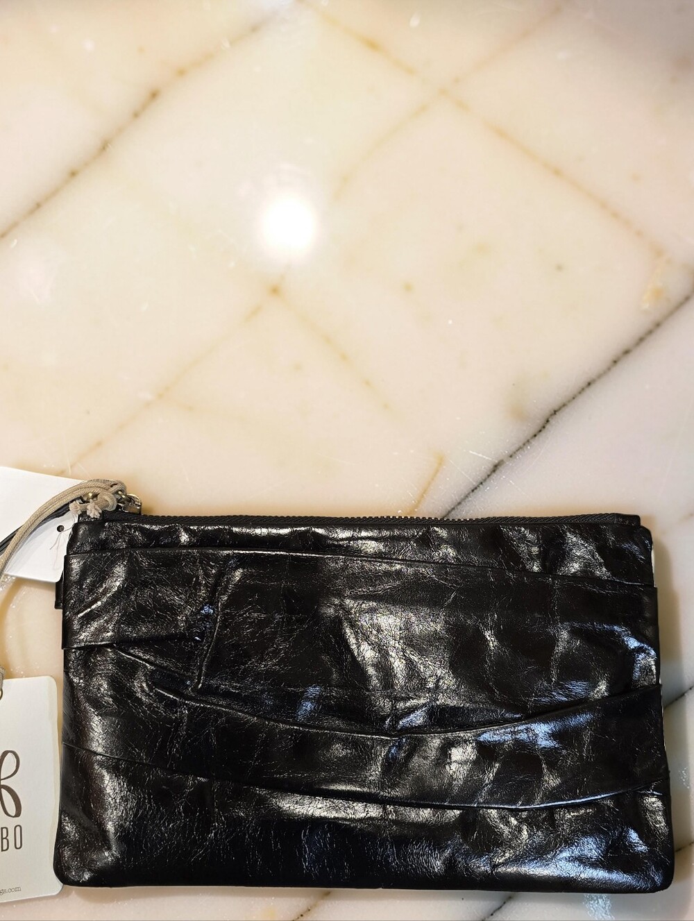 HOBO Waver Glazed Leather Pleated Wristlet Clutch Bag Black NWT